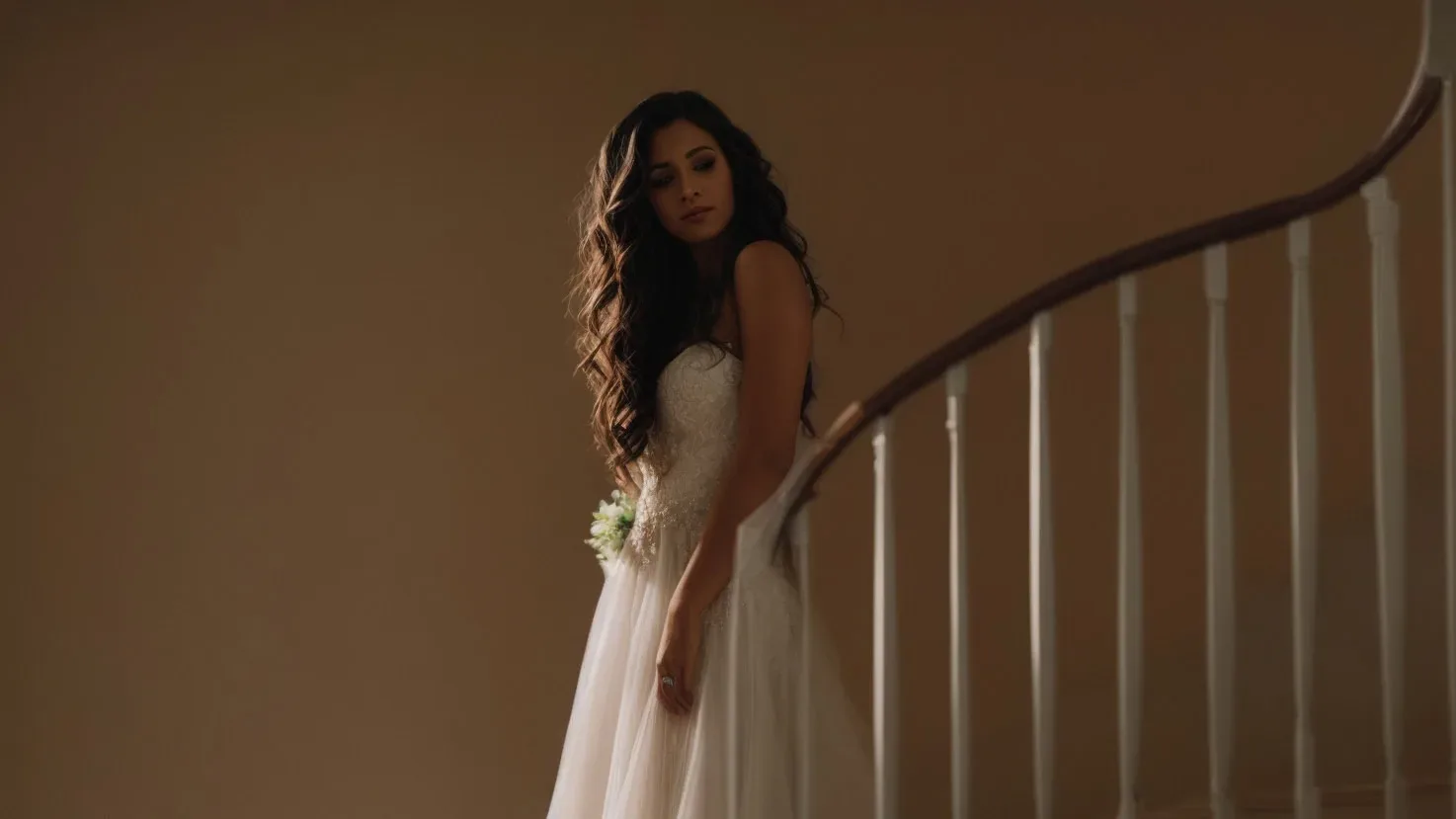 A bride in a wedding dress standing on a staircase.