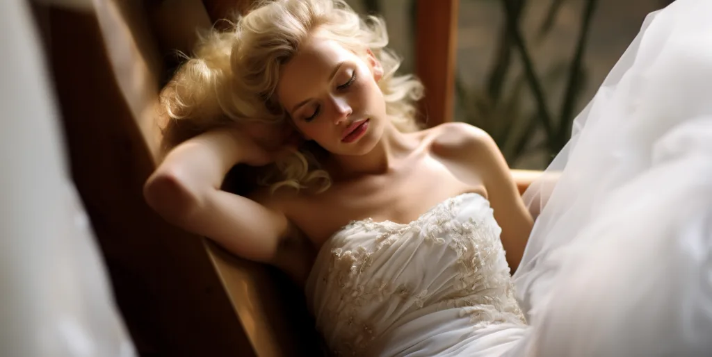 A beautiful woman in a wedding dress laying down. Stress not