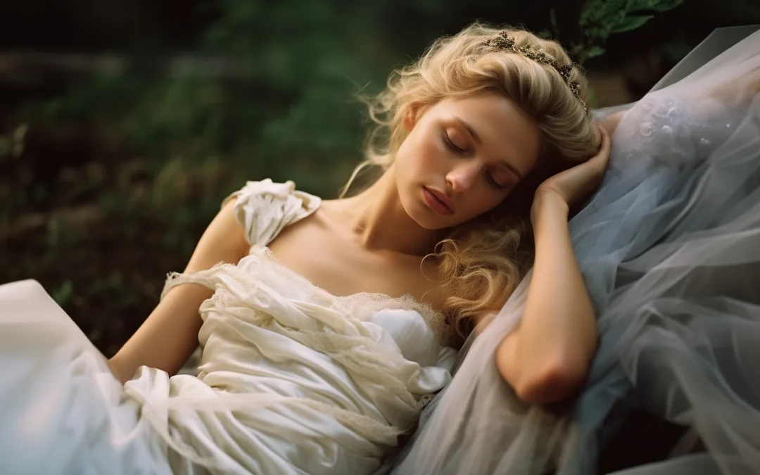 A woman in a white dress is sleeping in the woods. Don't stress