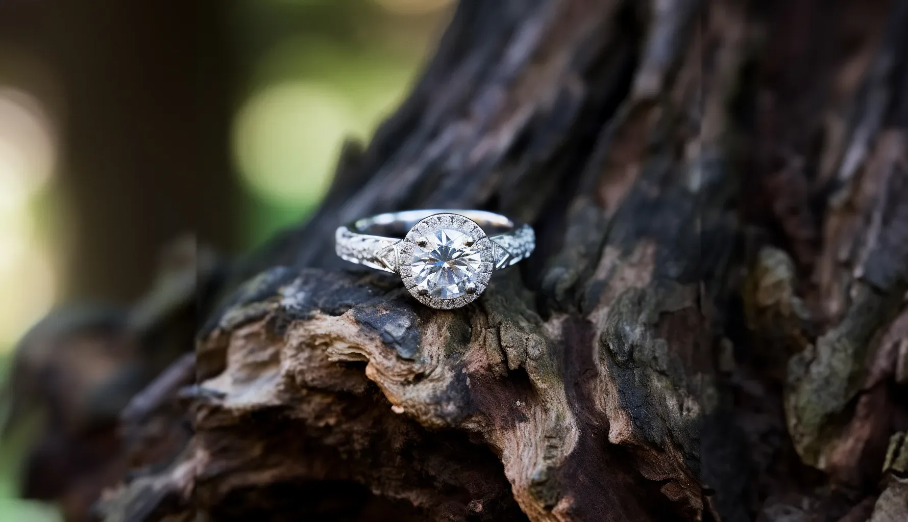 An engagement ring sits on top of a tree stump. Birth stone and meanings