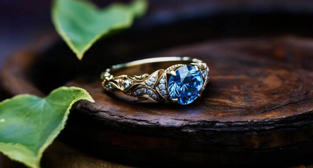 A blue topaz and diamond ring on a wooden table.Birth Stone. Astrology