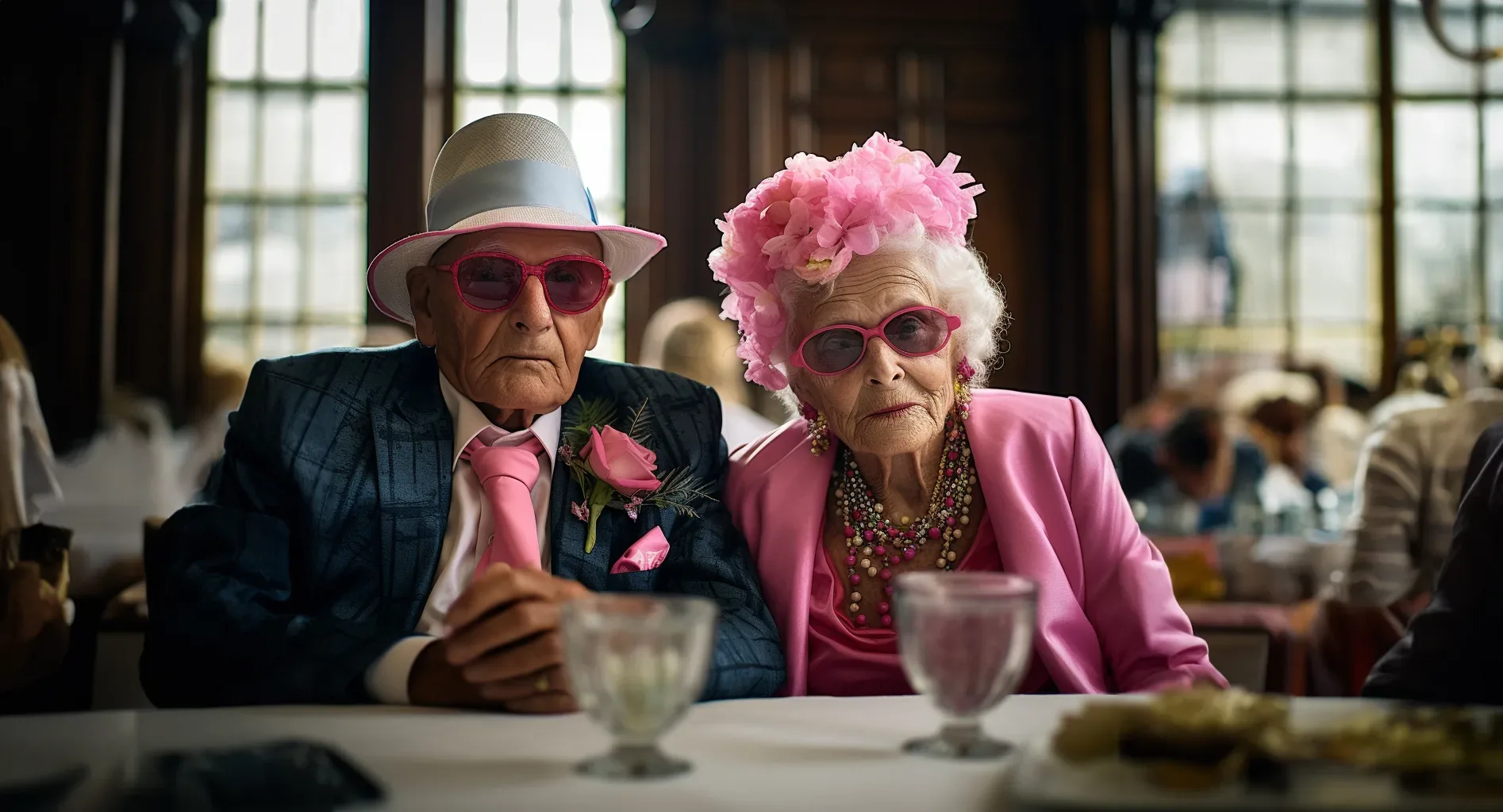 An older couple in pink suits and glasses sitting at a table.Taking care of the older guests at your wedding. Top wedding tips