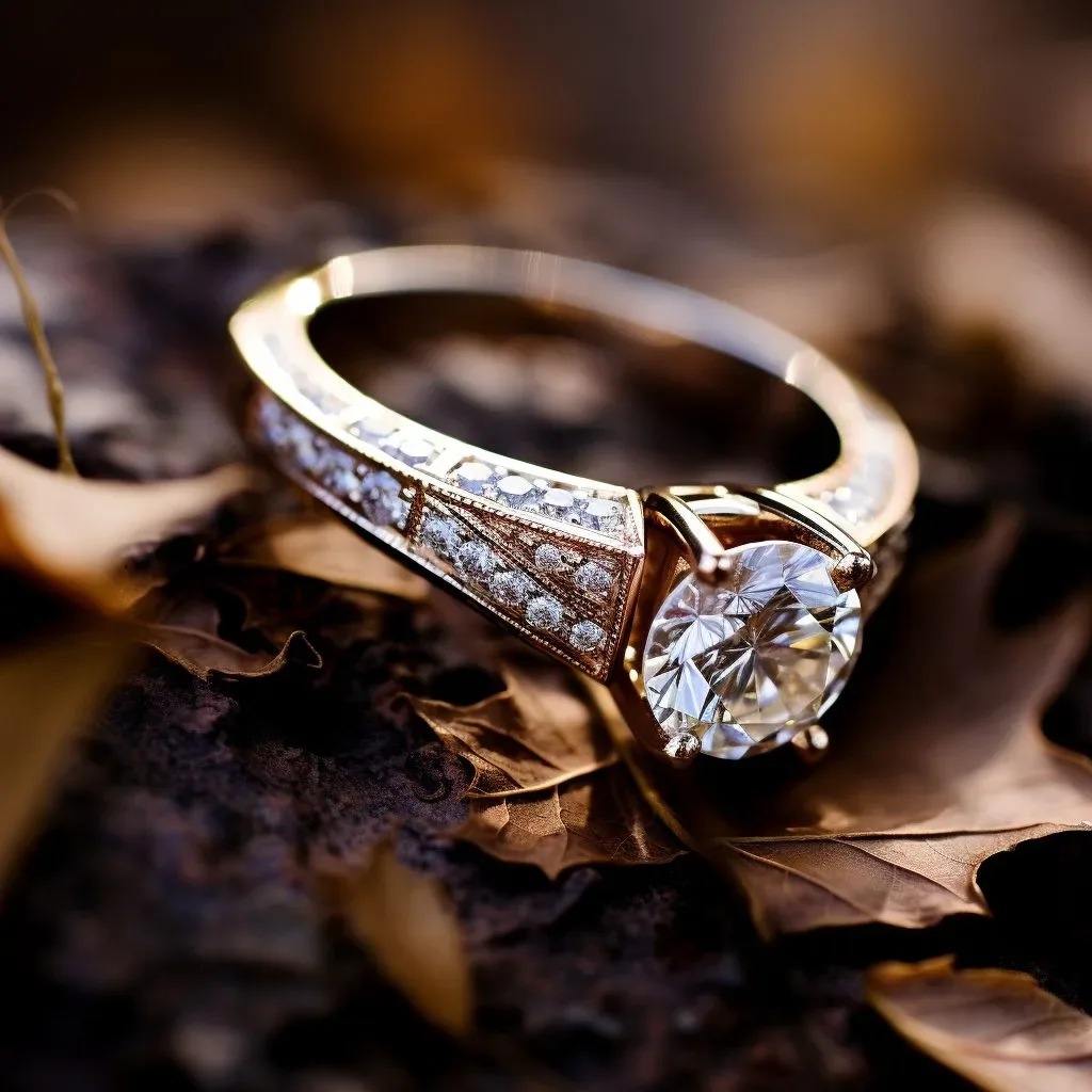 An engagement ring sitting on a leaf. Gem stones