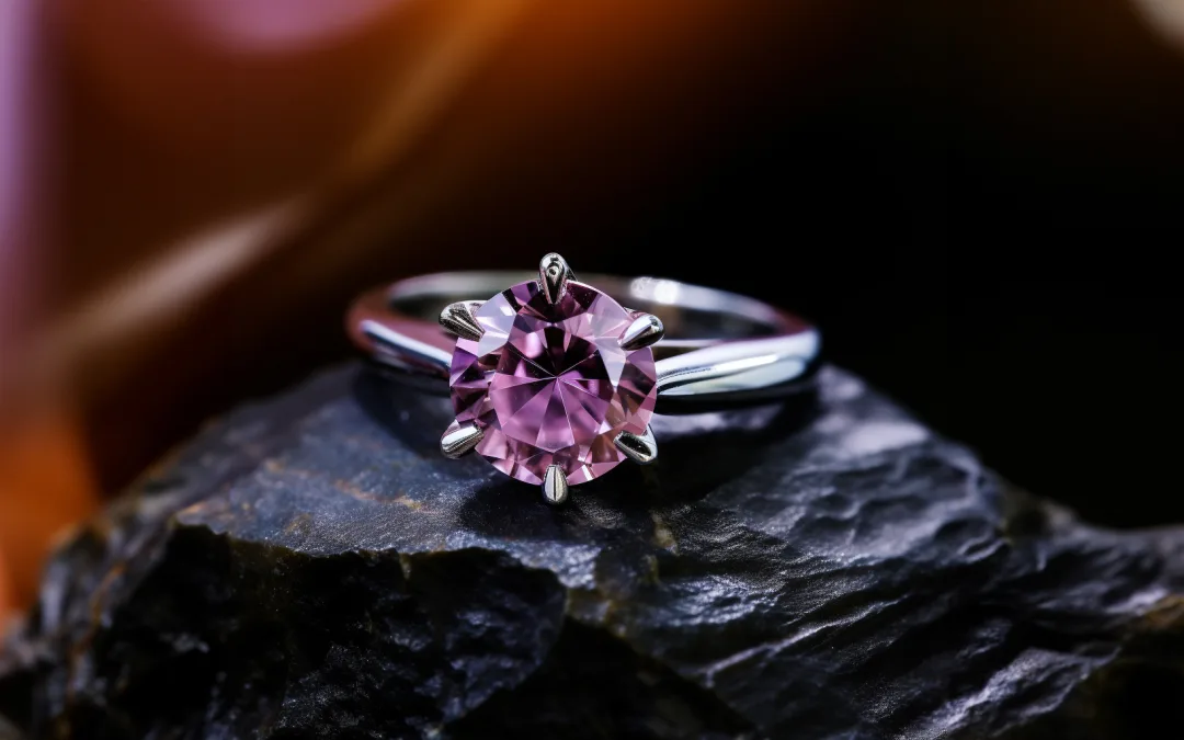 A pink sapphire ring sits on top of a rock. Zodiac Gem stone