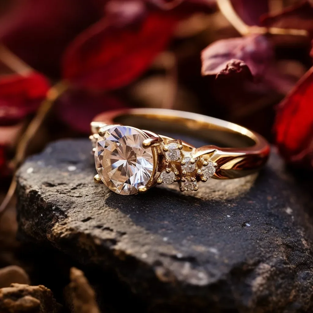 A gold engagement ring with a diamond in the center. Gemstone