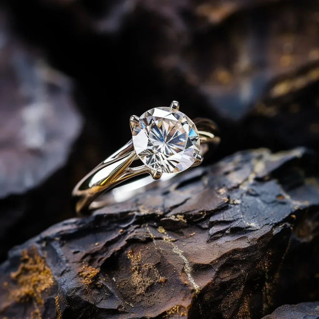A diamond engagement ring sitting on top of rocks. Gem stone engagement rings