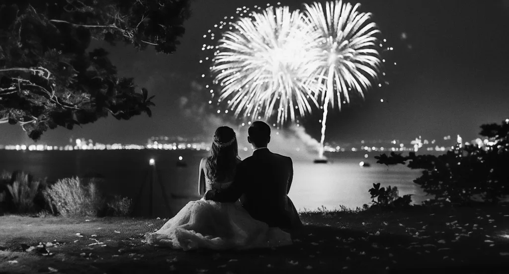 Black and white photo of bride and groom watching fireworks.