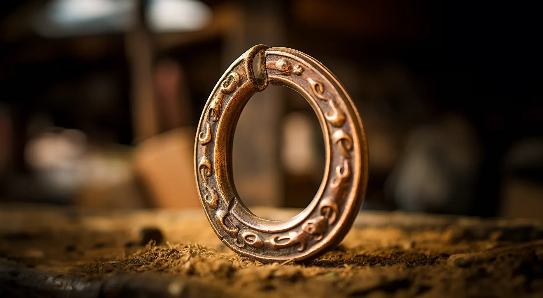 A copper horseshoe is sitting on a piece of dirt. Lucky Horseshoe Charm at Wick Farm