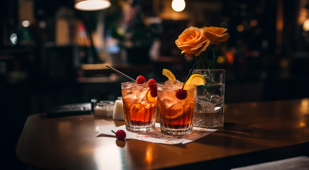 Two drinks on a table with a rose in the background.