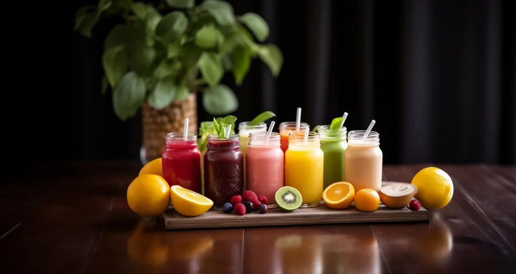 A tray of fruit juices on a wooden table.Get fun at the wedding reception