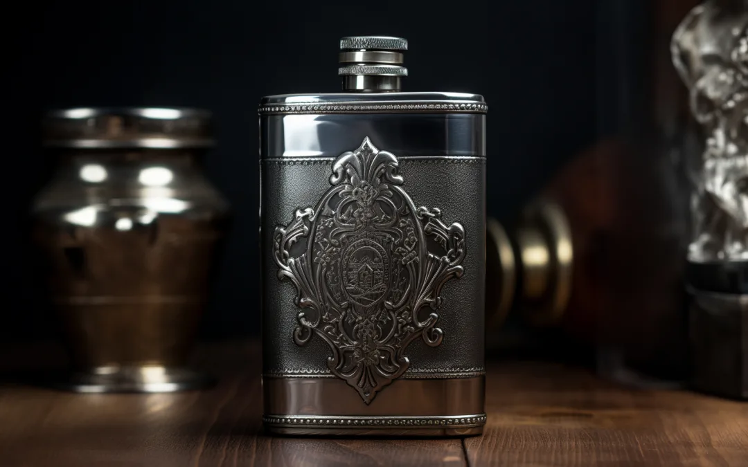 A silver flask sitting on a wooden table. Gifts for the groomsmen