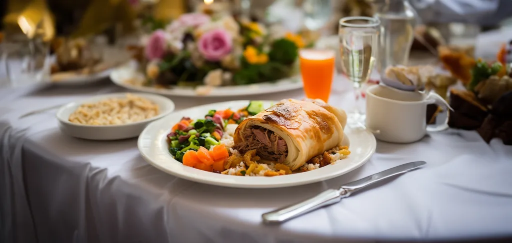 A plate of food and drinks on a table.Wedding Breakfast tips Menu at The Manor House Castle Combe Chippenham Wiltshire