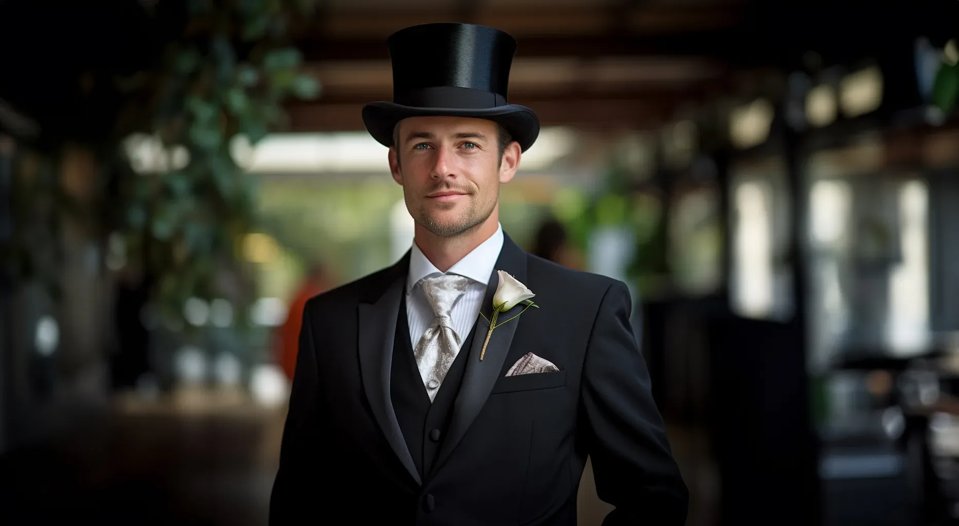 A man in a tuxedo wearing a top hat.MC at your wedding