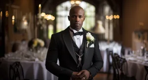 A black man in a tuxedo standing in a room. MC at weddings
