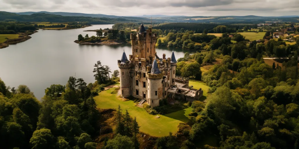 An aerial view of a castle in scotland. Drone Photography at weddings