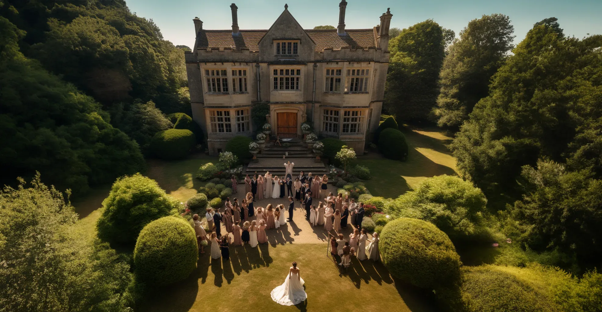 An aerial view of a wedding party in front of a large mansion. Drone photo at a wedding