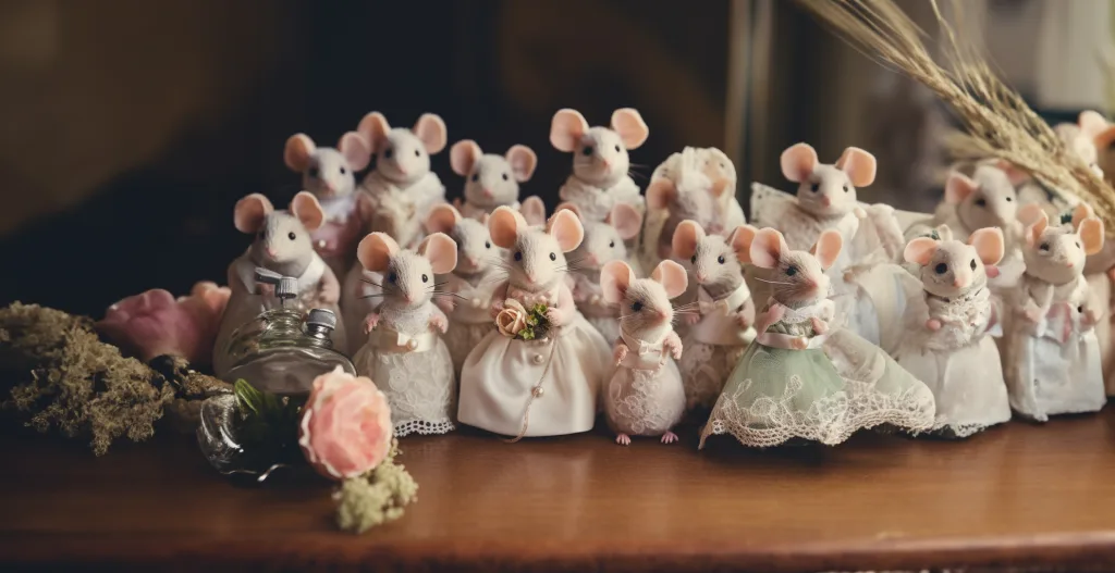 A group of mice in wedding attire on a table.Guest Lists at weddings