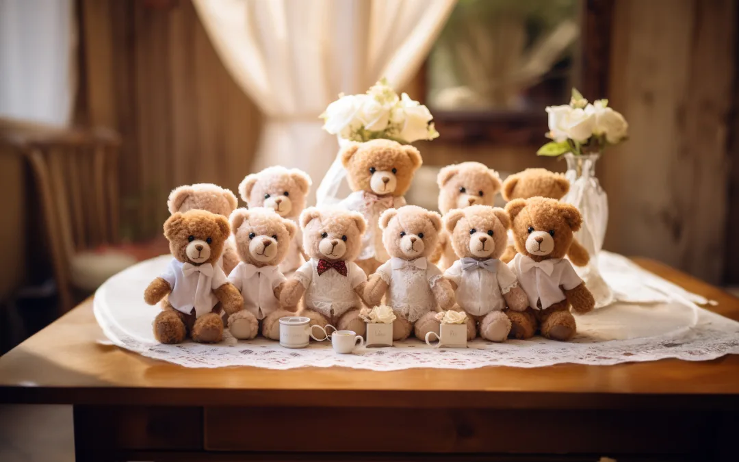A group of teddy bears sitting on a table. Wedding Guest list