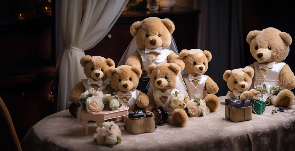 A group of teddy bears sitting on a table.Guest list