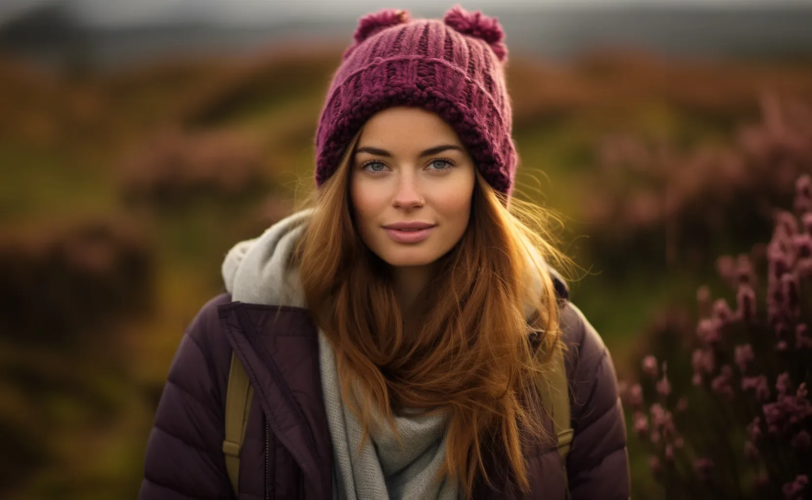 A woman wearing a purple hat in a field.