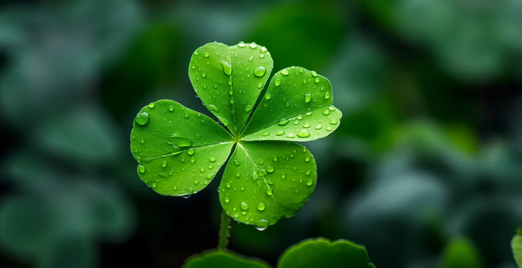A four leaf clover with water droplets on it. Lucky Four Leaf Clover