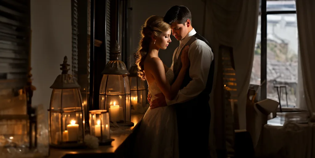 A bride and groom embracing in front of candles.Weddings in low light