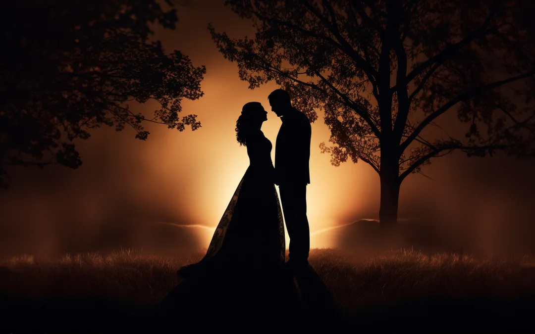 A silhouette of a couple kissing in the dark. Phases own the moon on your wedding