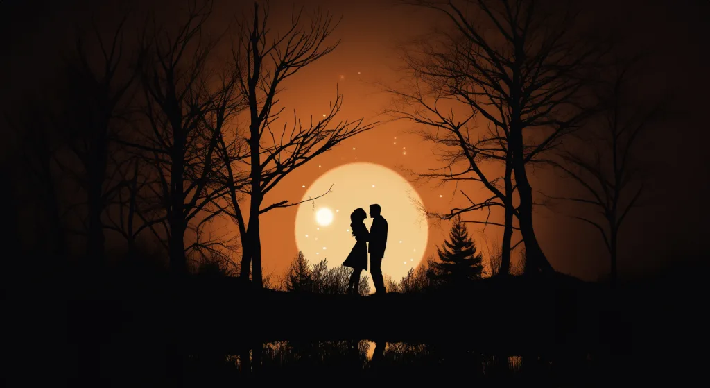A silhouette of a couple standing in the woods at sunset. Wedding Phase of the moon