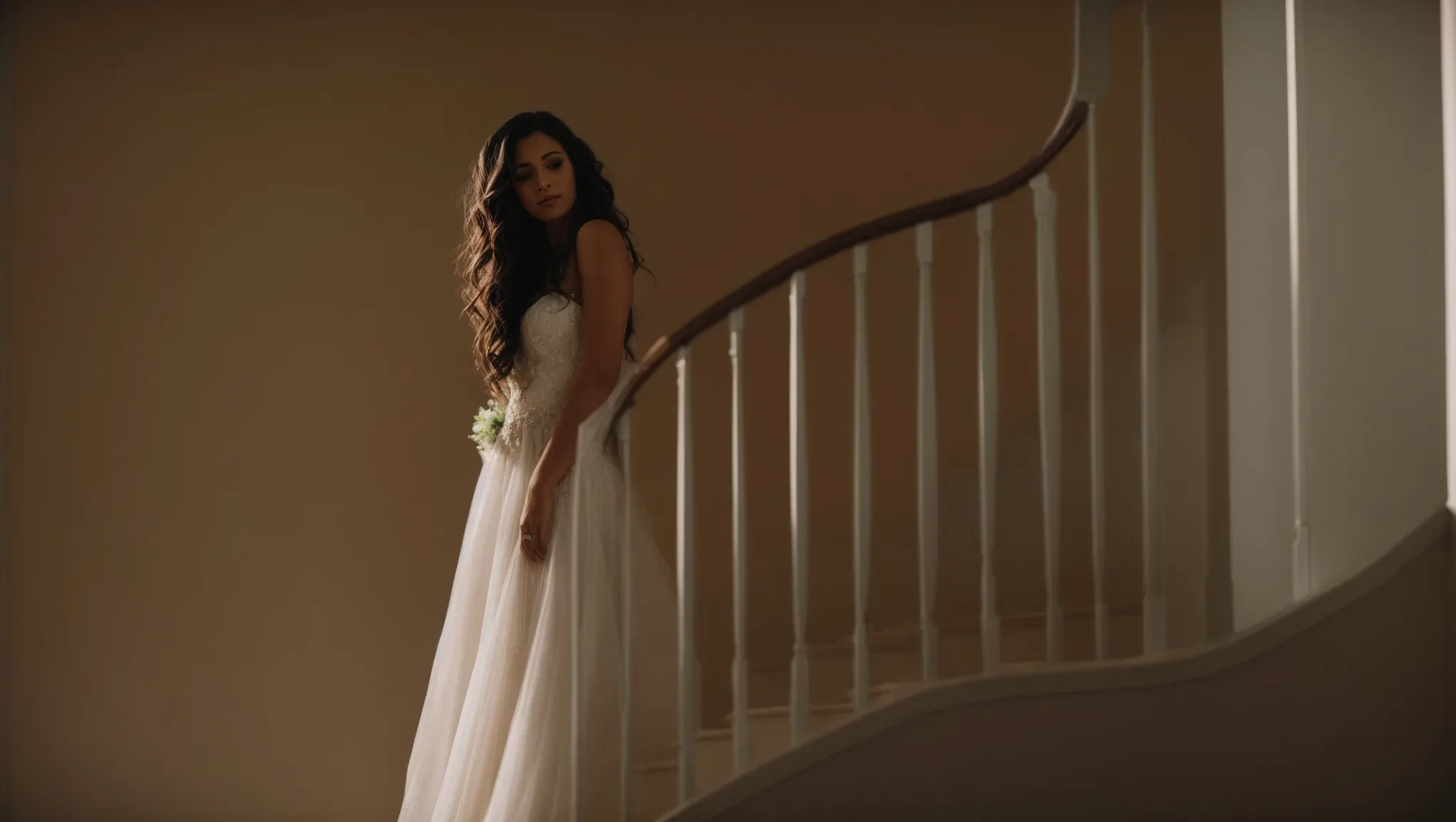 A bride in a white dress standing on a staircase. Wedding Dress 2024 at The Bath Spa Hotel