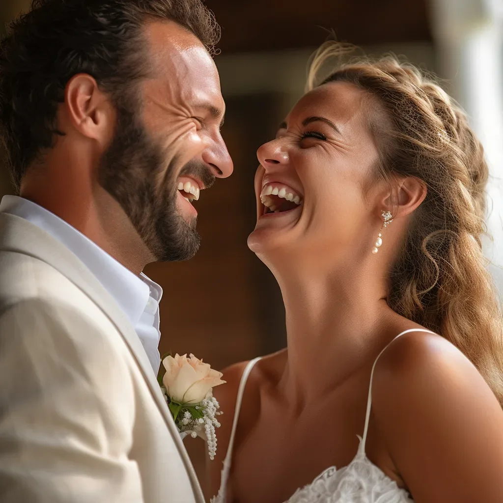A bride and groom laughing together at their wedding. Unconventional Brides