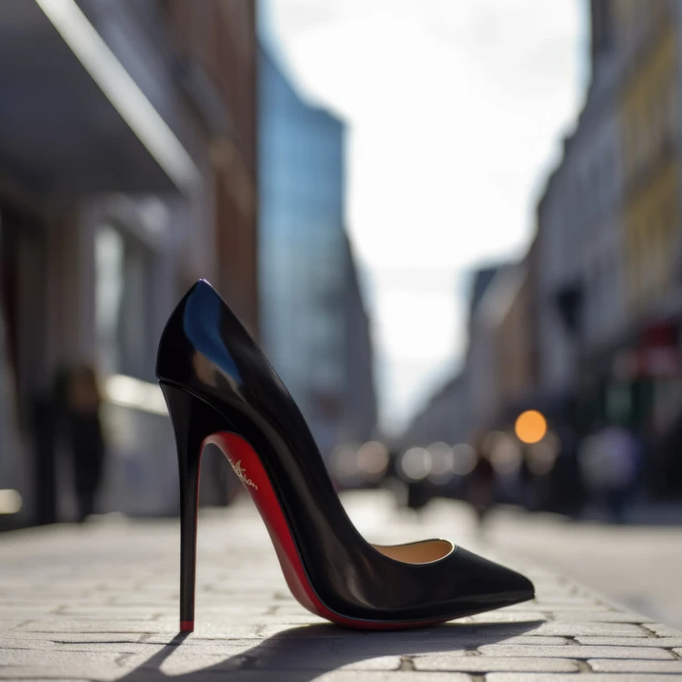 a woman's black high heeled shoe on a city street.