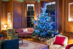 The living room, reminiscent of Hartham Park Weddings, features wood-paneled walls and large windows. A Christmas tree adorned with blue and white lights is at the center, surrounded by plush sofas and a cozy rug.