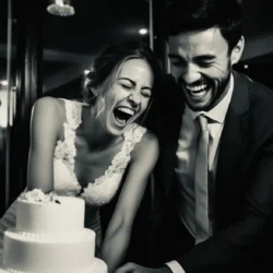 A bride and groom laughing while cutting their wedding cake. Pennard House Wedding Photographers