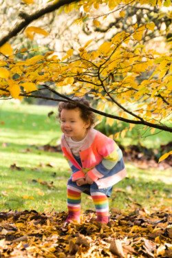 A young child in a colorful outfit stands under a tree with yellow leaves, surrounded by fallen autumn leaves—truly a charming piece of portrait photography.