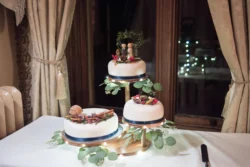 Three tiered wedding cake on a table in front of a window at Orchardleigh House.