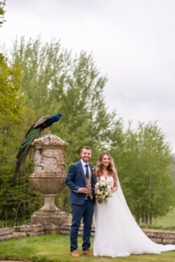 A bride and groom smiling beside a stone urn with a peacock perched on top, at Orchardleigh House, in an outdoor setting with trees in the background.