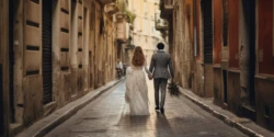 A bride and groom walking down an alleyway. candid Wedding Photographer.Wedding Dresses