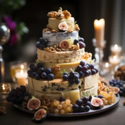 A cheese cake with grapes and nuts on top.Cheesey Wedding cake