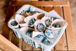 A light blue basket holds several paper cones filled with blue and white flower petals, elegantly placed on a wooden surface, capturing the charm of an Elmhay Park Wedding.
