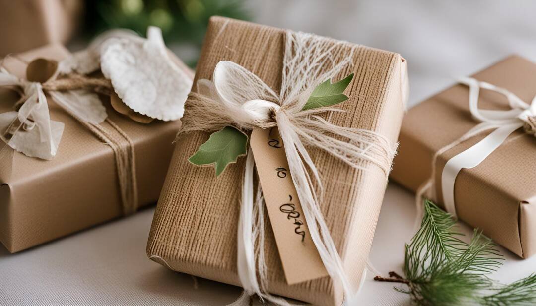 Multiple brown paper gift boxes are wrapped with twine and decorated with green leaves, seashells, and small tags. Perfect for Eco Friendly Weddings, a pine branch is placed nearby.