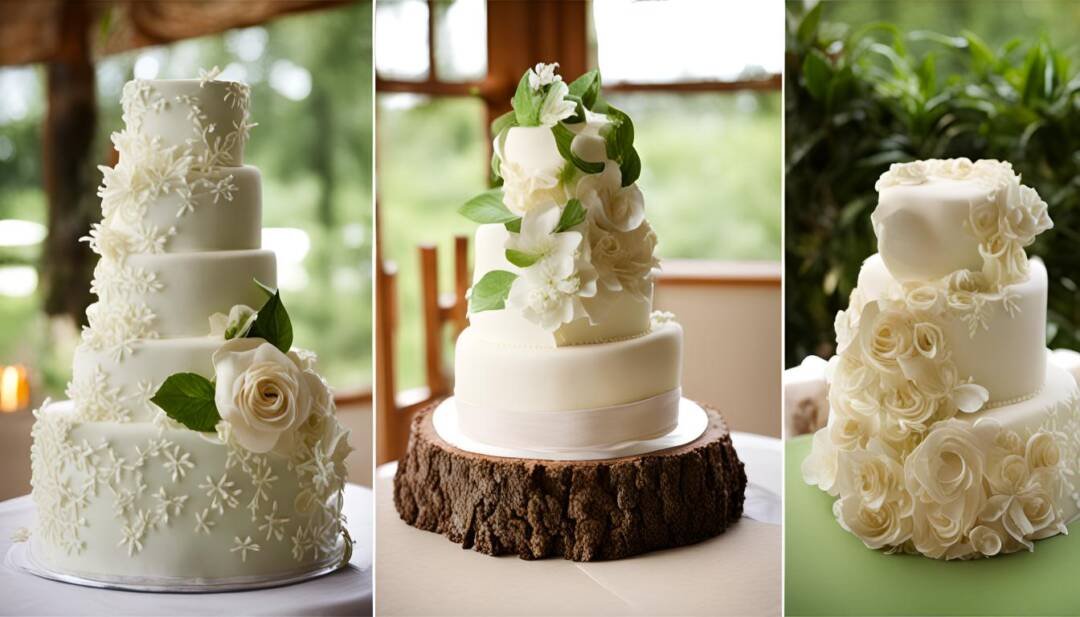 Three wedding cakes with white floral decorations perfect for eco-friendly weddings. The left cake has several tiers with small flowers and green leaves, the middle cake is on a wood slab with large flowers, and the right cake features roses.