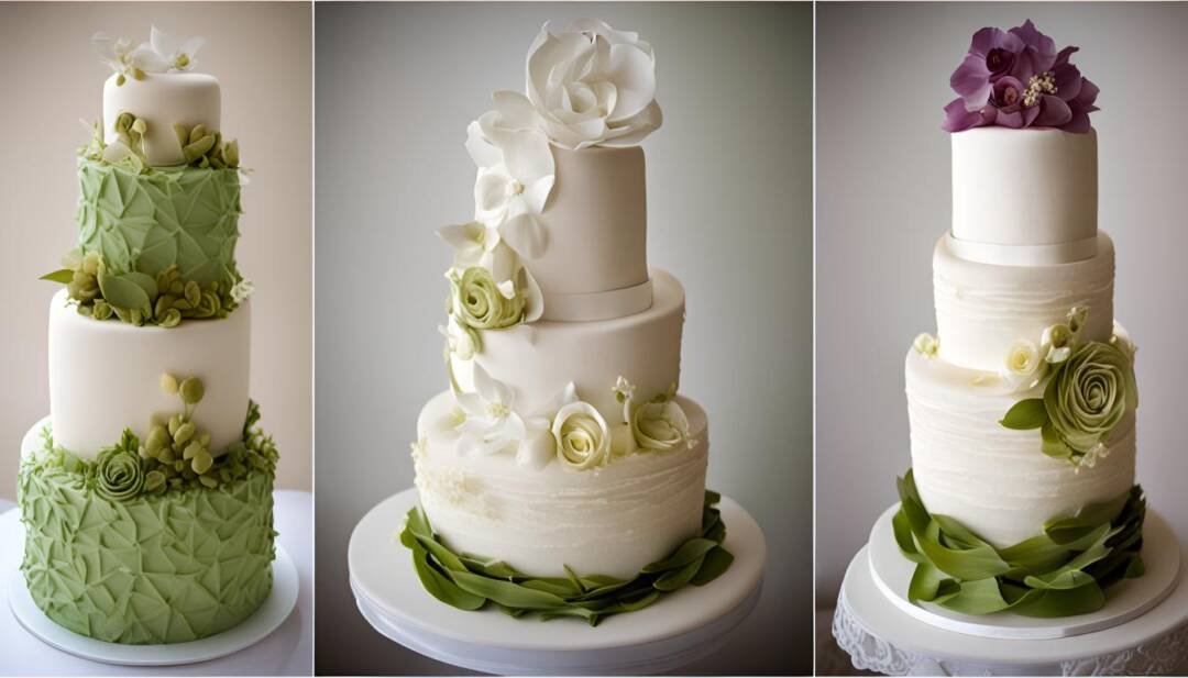 Three tiered cakes adorned with intricate fondant designs, flowers, and green leaves; the first cake features a green pattern, the second has white flowers, and the third showcases purple flowers on top. Perfect for eco-friendly weddings.