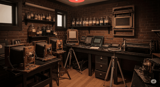 A vintage photography studio showcases the history of photography with large format cameras, glass plate negatives, chemical bottles, and developing equipment arranged on tables and shelves against brick walls.