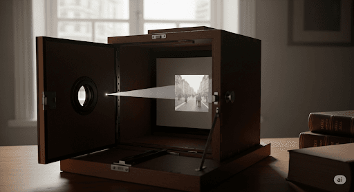 A wooden camera obscura, central to the history of photography, projects a black-and-white street scene onto a translucent screen, with books and windows visible in the background.