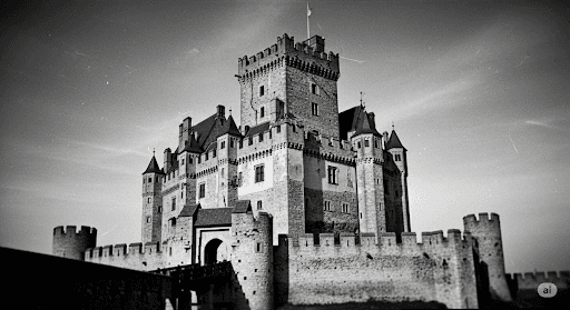 Black and white photo of a large medieval stone castle with multiple towers and battlements under a clear sky, capturing the timeless grandeur that echoes through the history of photography.