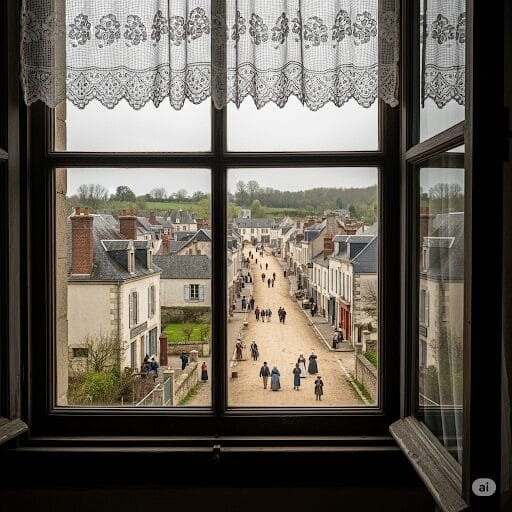 View through an open window with lace curtains, overlooking a street in a historic European town—capturing a scene reminiscent of early moments in the history of photography, with people walking below.