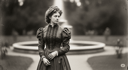 A woman in a long, dark Victorian-style dress stands in front of a large fountain in an outdoor garden, evoking the History of Photography with her timeless elegance.