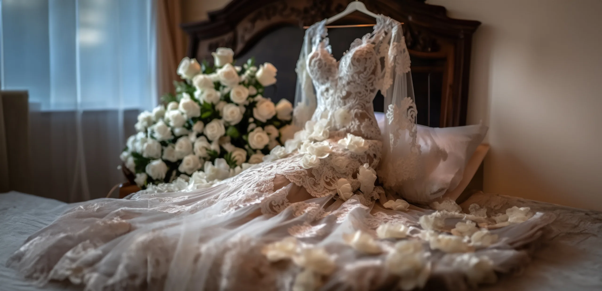 A wedding dress hangs on a bed with flowers.