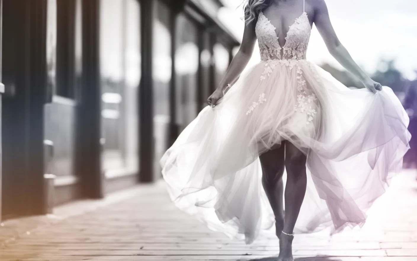 A woman in a white dress walking down the street. The new way to shoot weddings