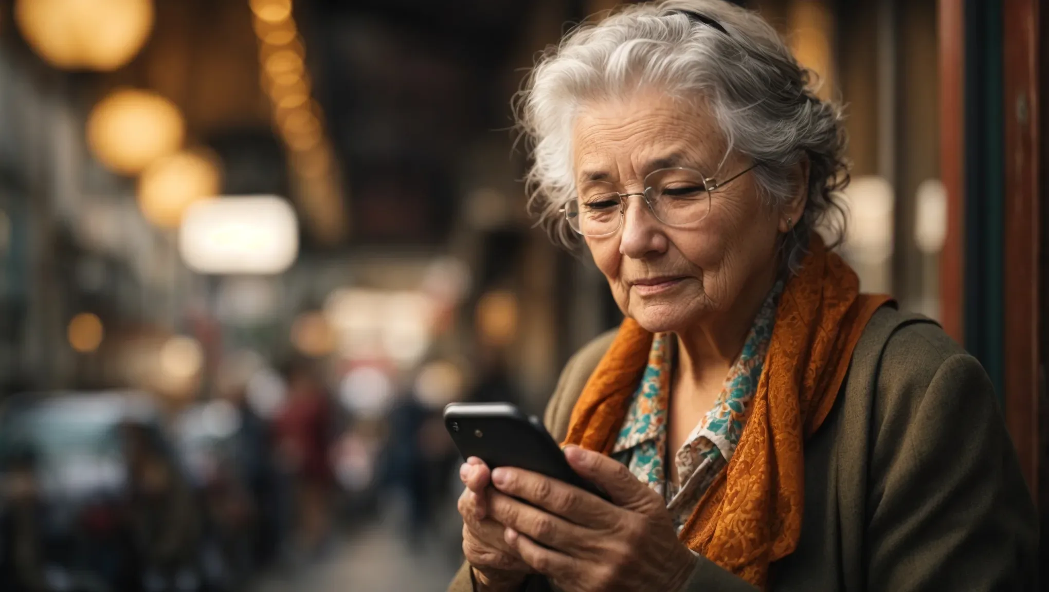 An older woman using a cell phone in a city. Social Media at Weddings